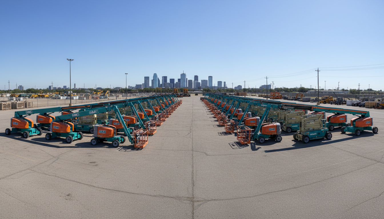 A fleet of meticulously lined up aerial work platforms — varying models of lifts in GMG’s signature teal and orange livery — organized on a sweeping, smoothly paved outdoor lot. In the background, a chain-link fence, orderly rows of equipment, and the Texas skyline under a brilliant, cloudless afternoon. The strong, direct sunlight casts uniform shadows beneath every lift, heightening the vibrancy of the machinery’s powder-coated finishes. Shot in panoramic, wide-angle format, the composition evokes abundance and readiness, fostering a sense of trust, resourcefulness, and large-scale professionalism for clients browsing aerial rental options.