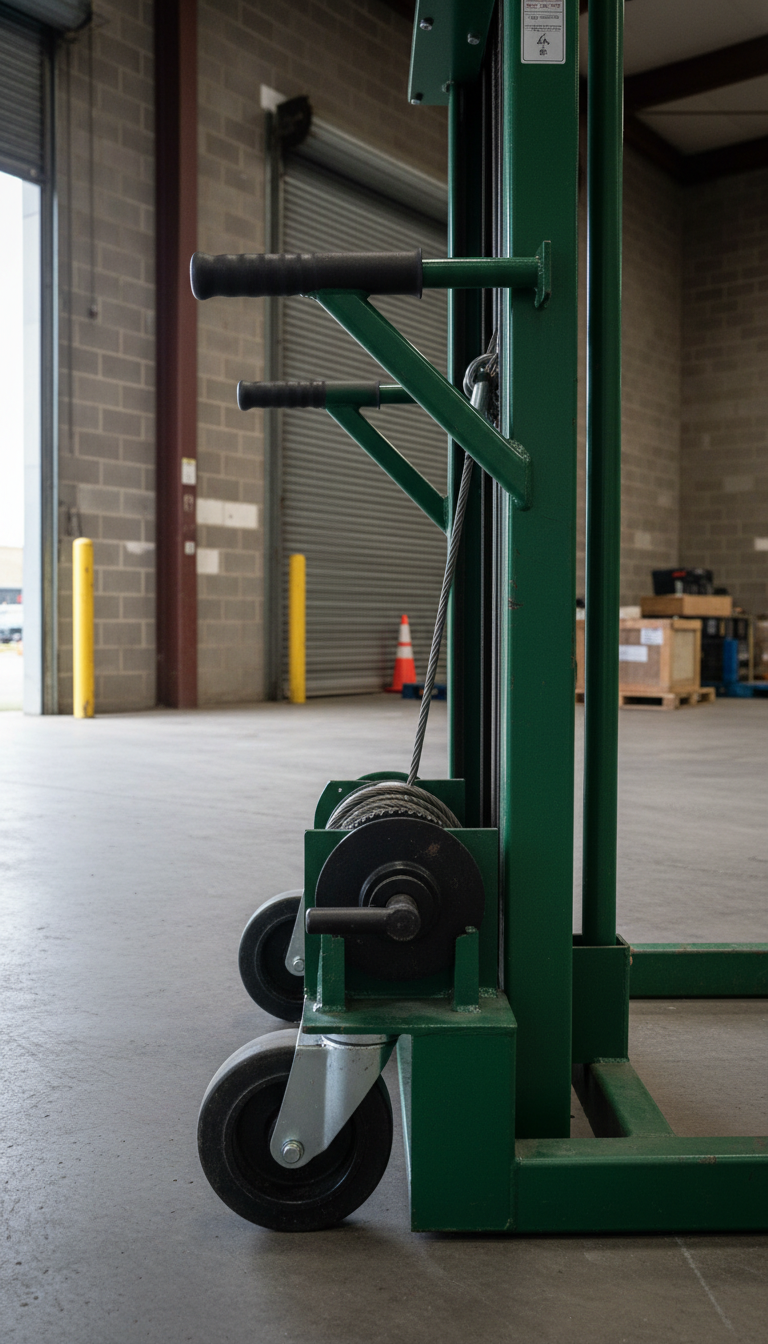 A heavy-duty, forest green material lift with textured steel construction, visible welds, and rugged rubberized handles, positioned in a semi-enclosed warehouse loading bay with exposed cinderblock walls and high rolling doors. The environment is bathed in cool, indirect daylight, creating soft ambient shadows and accentuating the industrial character. Shot from a close-up, side-on perspective with sharp, detailed focus on the manual winch and caster wheels. The mood is practical and straightforward, with a utilitarian aesthetic that communicates strength and dependability, perfect for sub-contractors and site managers seeking reliable rental tools.