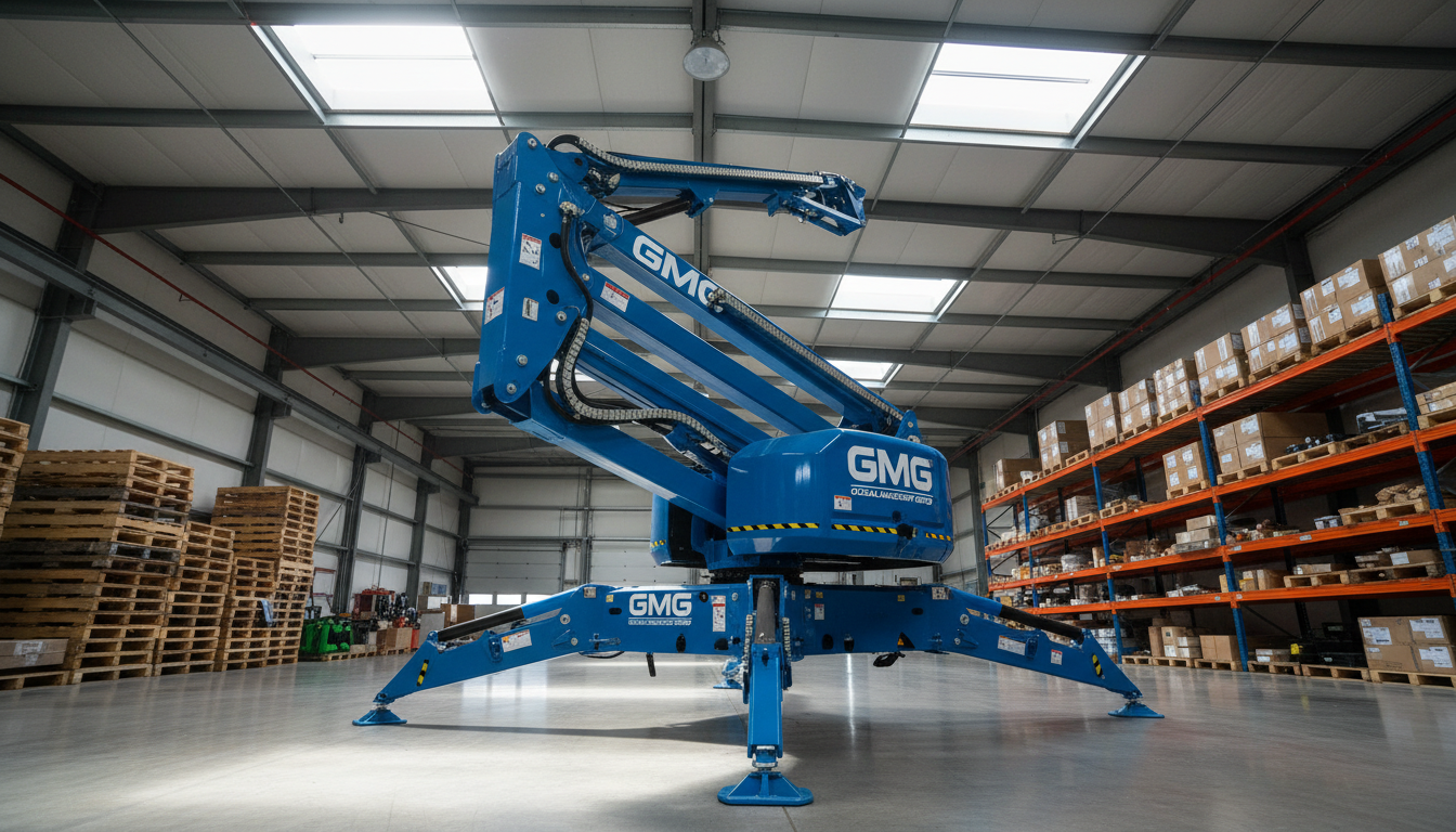 A towering electric blue telescopic boom lift with intricately machined steel arms and glossy hydraulic hoses, meticulously detailed with GMG Global Machinery Group markings. Stationed center stage of a vast, meticulously swept industrial warehouse, the background features rows of stacked wooden pallets and industrial shelving. Sunlight streams in from high skylights, casting crisp geometric shadows on the polished concrete floor and subtle highlights glinting off the machine's metallic edges. Captured from a low-angle, three-quarter perspective, the composition emphasizes the boom's stature and modern engineering. The mood is bold and high-tech, supporting a clean, modern, and professional image aesthetic perfectly tailored for a premium aerial equipment store.