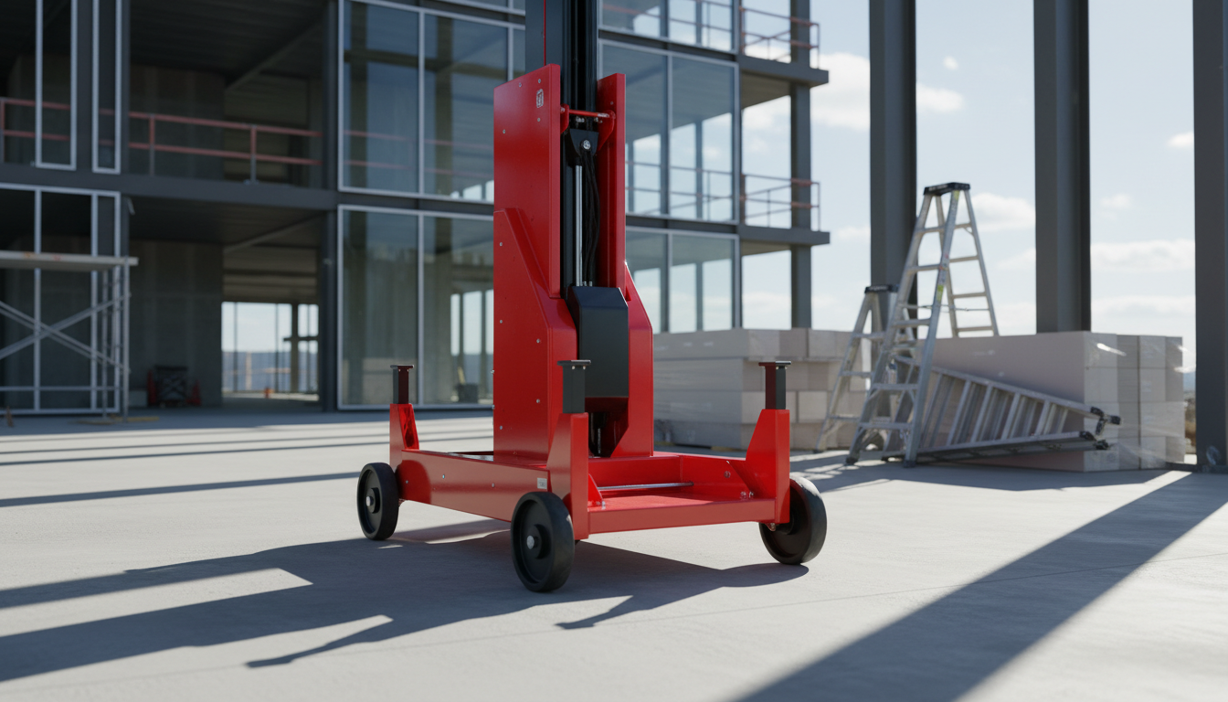 A sleek, compact, cherry-red push-around mast lift with non-marking wheels and articulated joints, showcased outdoors on a freshly poured concrete slab beside a modern construction site. In the distance, contemporary steel-and-glass architecture rises, with stacks of new drywall and painter’s ladders creating context. Bathed in crisp midday sunlight, the scene features distinct, sharp shadows beneath the lift and reflective highlights on the polished metal chassis. Captured from a slightly elevated angle with the background thrown into gentle blur, the image feels vibrant, progressive, and energetic—projecting innovation and adaptability in aerial equipment for dynamic commercial projects.