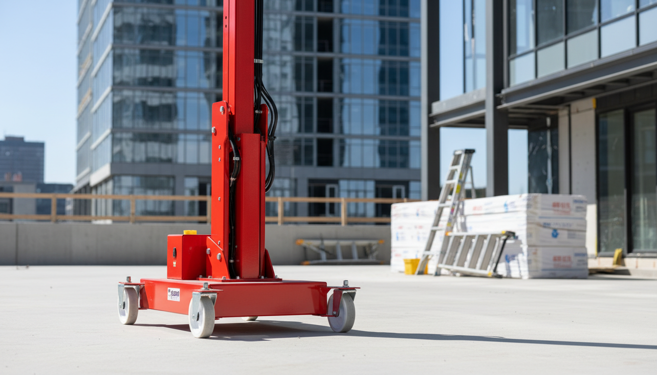 A sleek, compact, cherry-red push-around mast lift with non-marking wheels and articulated joints, showcased outdoors on a freshly poured concrete slab beside a modern construction site. In the distance, contemporary steel-and-glass architecture rises, with stacks of new drywall and painter’s ladders creating context. Bathed in crisp midday sunlight, the scene features distinct, sharp shadows beneath the lift and reflective highlights on the polished metal chassis. Captured from a slightly elevated angle with the background thrown into gentle blur, the image feels vibrant, progressive, and energetic—projecting innovation and adaptability in aerial equipment for dynamic commercial projects.