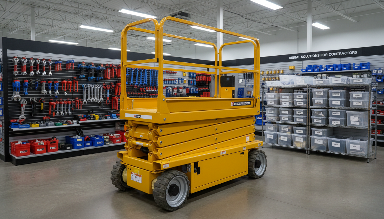 A pristine yellow scissor lift with rugged, knobby tires and reinforced guardrails, freshly washed and sparkling under the soft glow of interior high-bay LED lights. Positioned in front of a neat backdrop of color-coded tool racks and neatly labelled storage bins in a spacious commercial equipment showroom. The lighting delivers even, shadow-free illumination with gentle reflections on the lift’s powder-coated surfaces, emphasizing its durability. Shot at eye-level with the subject slightly off-center using the rule of thirds to create a balanced, inviting composition. The atmosphere is clean, organized, and ready-for-business, embodying professional reliability for contractors seeking aerial solutions.