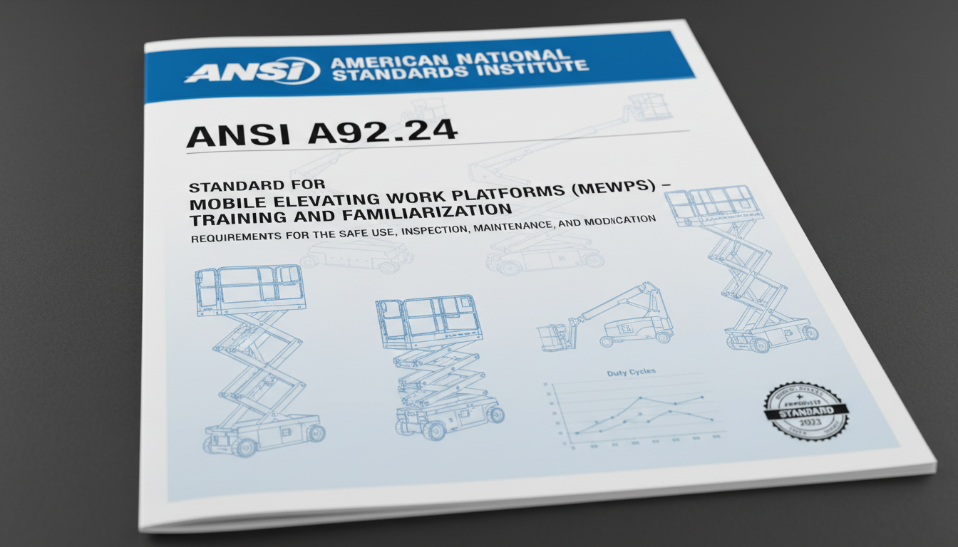ANSI A92.24 cover or representation for Mobile Elevating Work Platforms (MEWPs) standard, featuring official-looking document styling and ANSI branding, clean blue and white theme, legal document look, technical diagrams or charts as background accent.